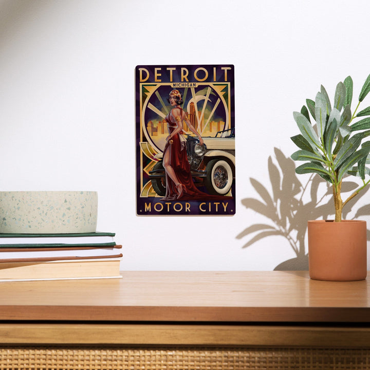 Detroit, Michigan, Deco Woman & Car, Lantern Press Artwork, Wood Signs and Postcards - Lantern Press