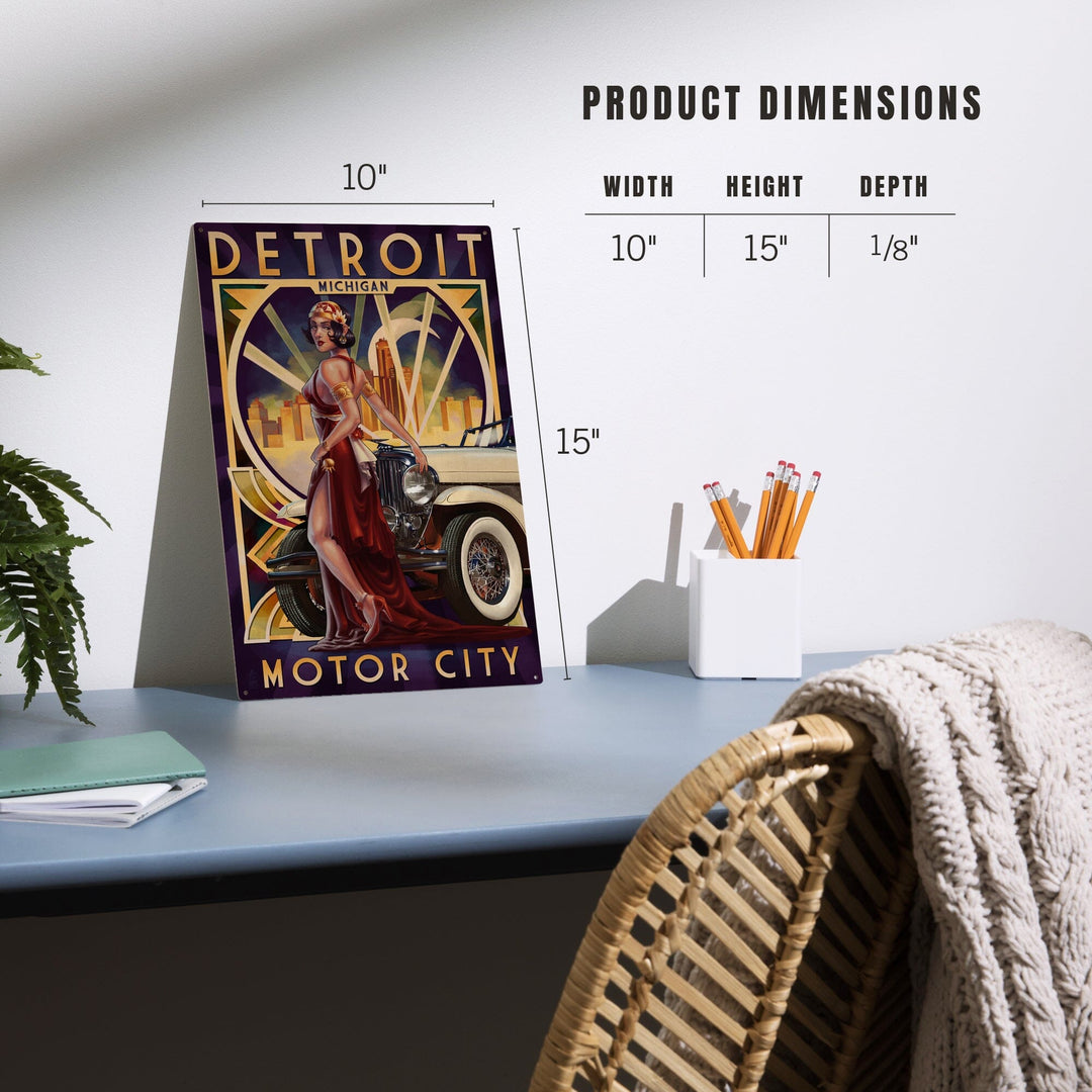 Detroit, Michigan, Deco Woman & Car, Lantern Press Artwork, Wood Signs and Postcards - Lantern Press