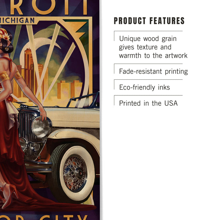 Detroit, Michigan, Deco Woman & Car, Lantern Press Artwork, Wood Signs and Postcards - Lantern Press