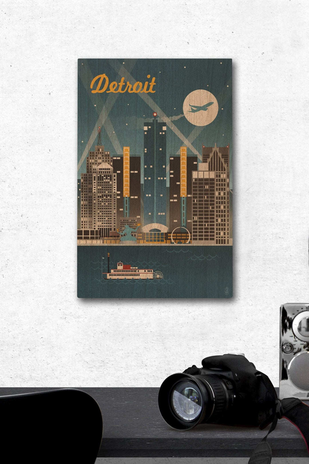 Detroit, Michigan, Retro Skyline, Lantern Press Artwork, Wood Signs and Postcards - Lantern Press
