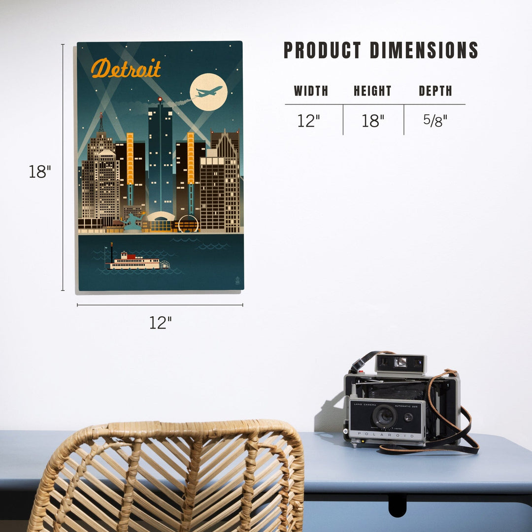 Detroit, Michigan, Retro Skyline, Lantern Press Artwork, Wood Signs and Postcards - Lantern Press