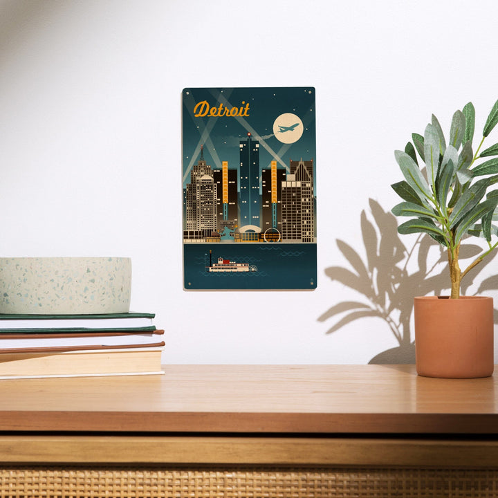 Detroit, Michigan, Retro Skyline, Lantern Press Artwork, Wood Signs and Postcards - Lantern Press