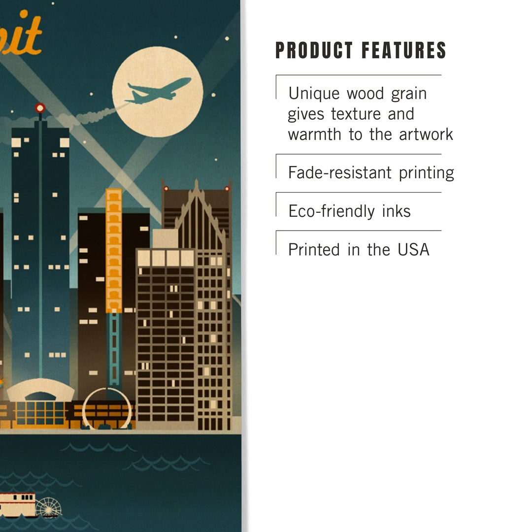 Detroit, Michigan, Retro Skyline, Lantern Press Artwork, Wood Signs and Postcards - Lantern Press