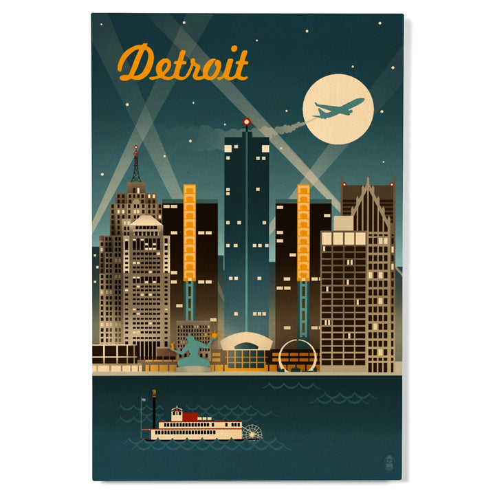 Detroit, Michigan, Retro Skyline, Lantern Press Artwork, Wood Signs and Postcards - Lantern Press