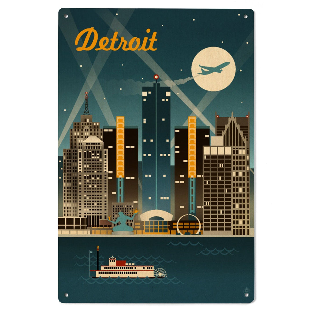 Detroit, Michigan, Retro Skyline, Lantern Press Artwork, Wood Signs and Postcards - Lantern Press