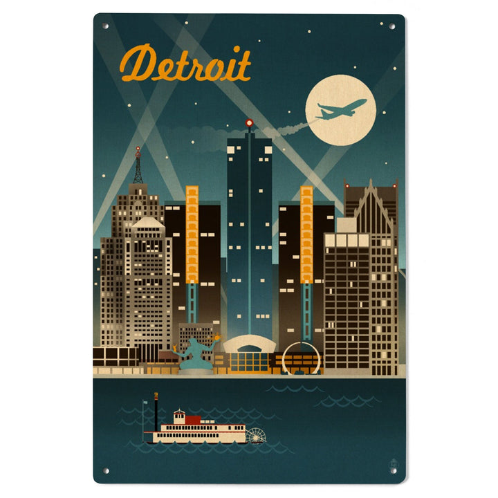 Detroit, Michigan, Retro Skyline, Lantern Press Artwork, Wood Signs and Postcards - Lantern Press