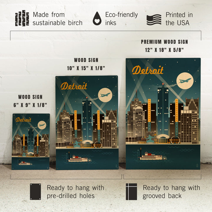 Detroit, Michigan, Retro Skyline, Lantern Press Artwork, Wood Signs and Postcards - Lantern Press