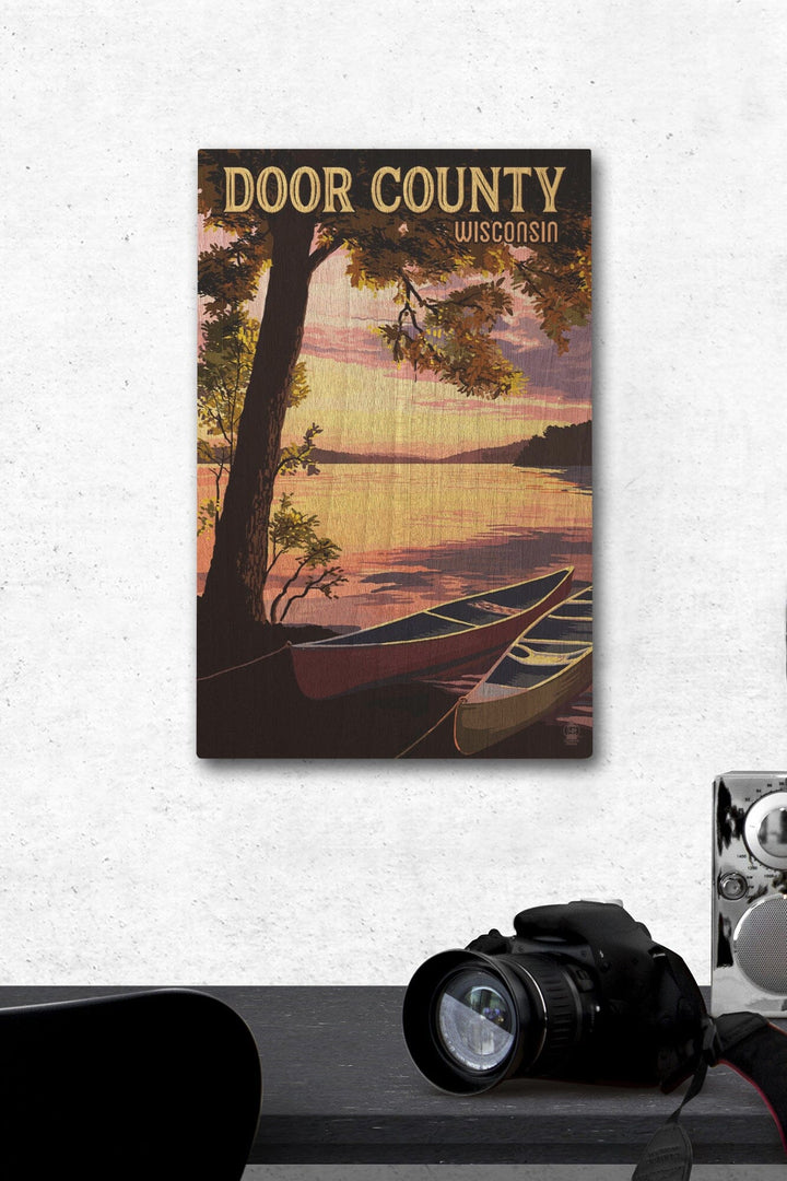 Door County, Wisconsin, Canoe & Lake at Sunset, Lantern Press Artwork, Wood Signs and Postcards - Lantern Press