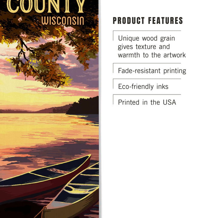 Door County, Wisconsin, Canoe & Lake at Sunset, Lantern Press Artwork, Wood Signs and Postcards - Lantern Press
