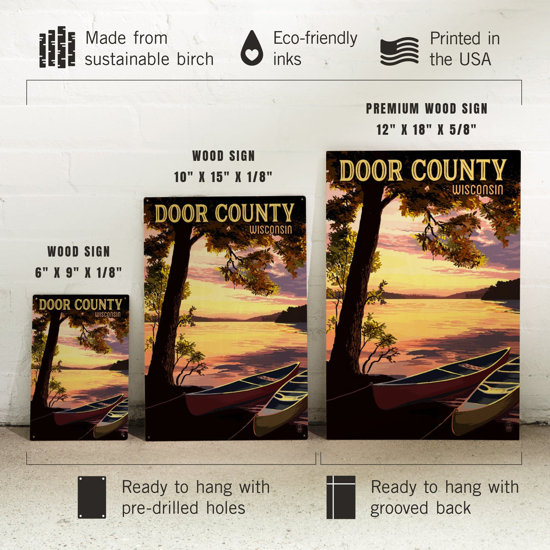 Door County, Wisconsin, Canoe & Lake at Sunset, Lantern Press Artwork, Wood Signs and Postcards - Lantern Press