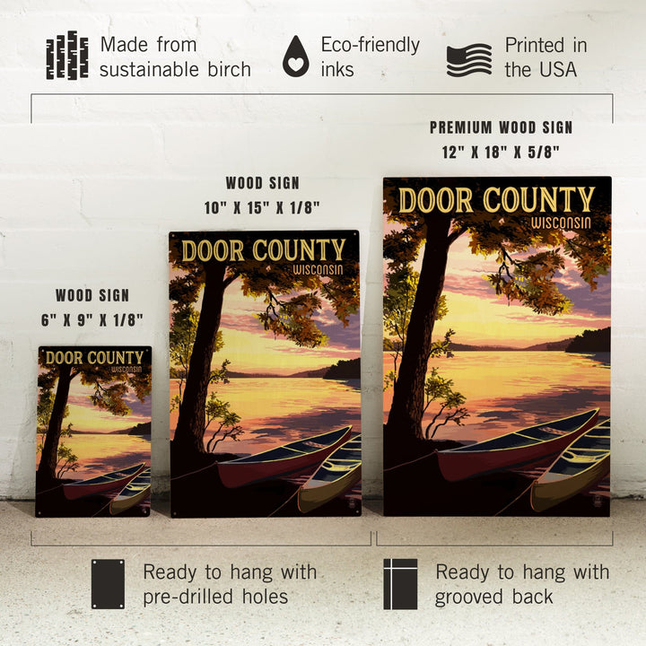 Door County, Wisconsin, Canoe & Lake at Sunset, Lantern Press Artwork, Wood Signs and Postcards - Lantern Press
