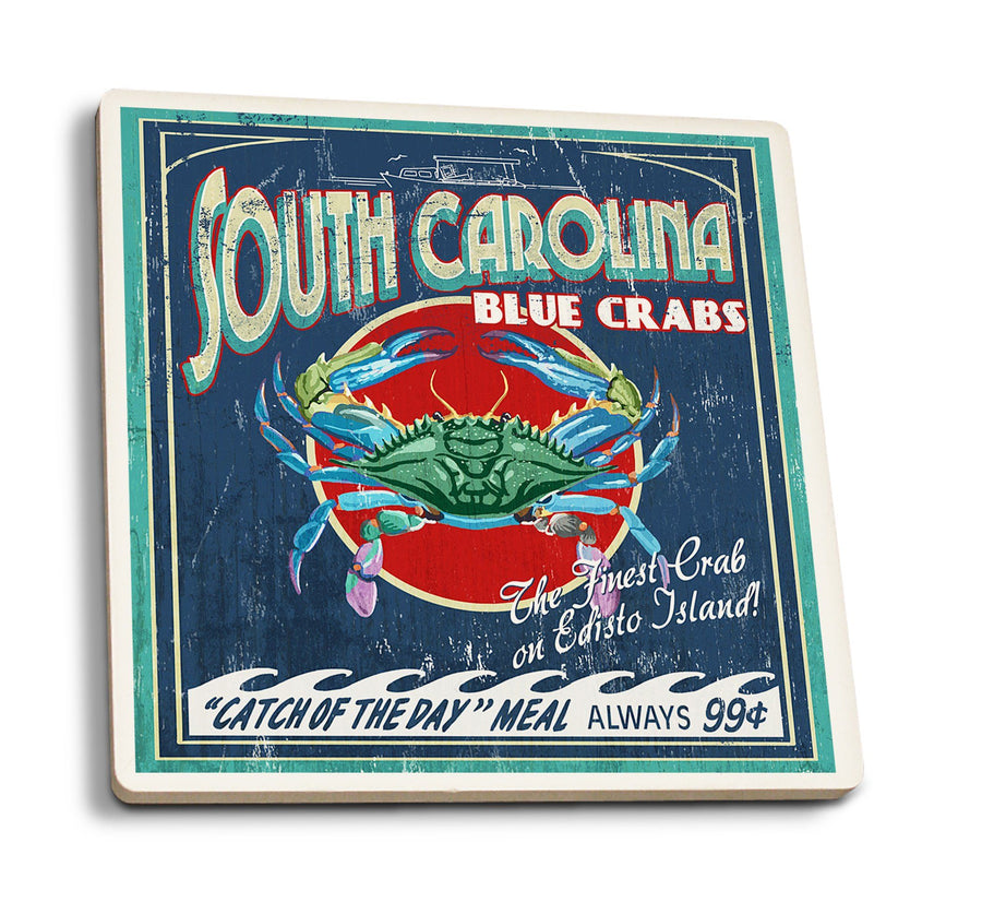 Edisto Beach, South Carolina, Blue Crabs Vintage Sign, Lantern Press Artwork, Coaster Set Coasters Lantern Press 