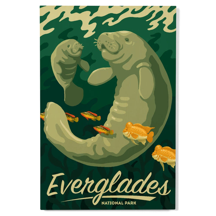 Everglades National Park, Manatee and Calf Swimming, Lantern Press Artwork, Wood Signs and Postcards - Lantern Press