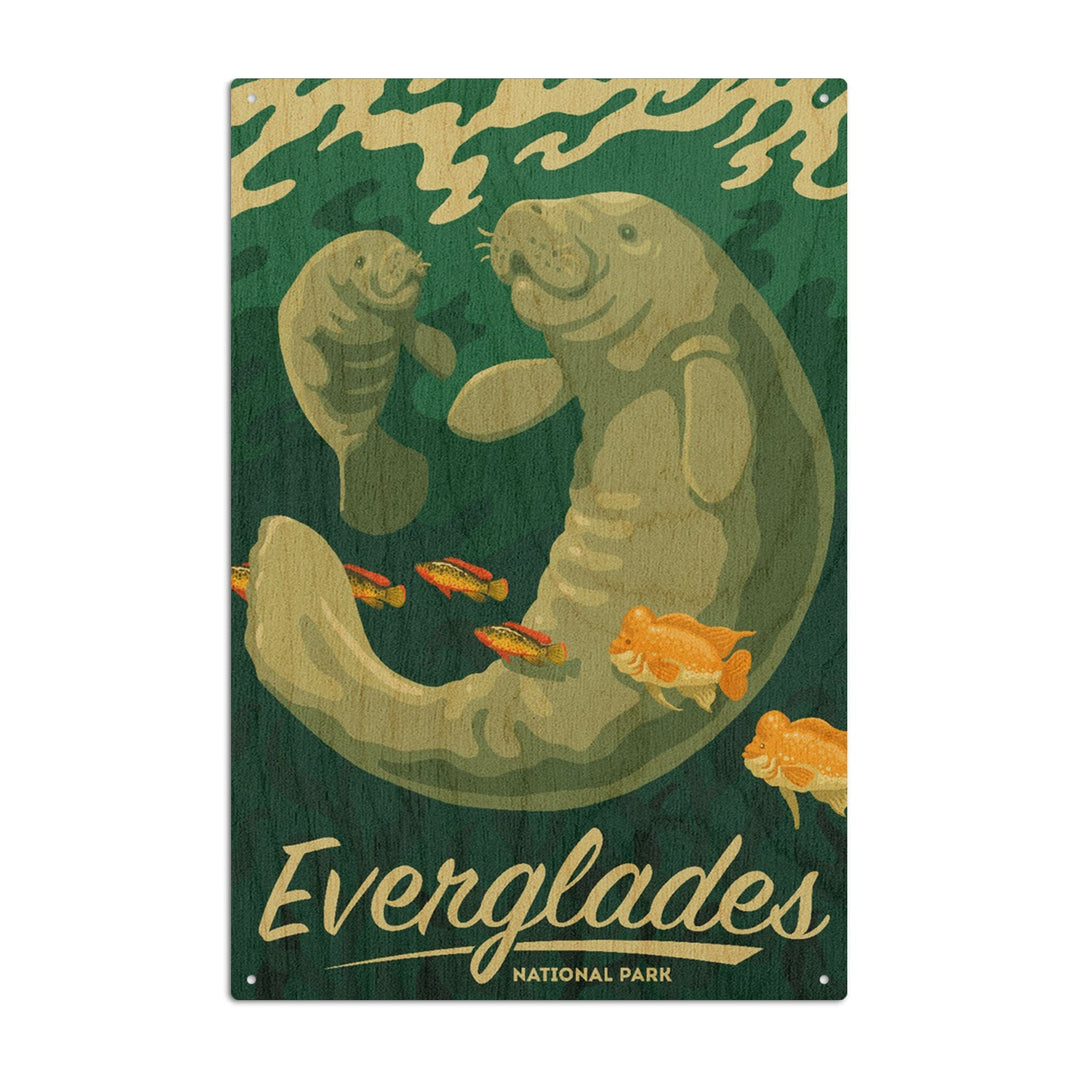 Everglades National Park, Manatee and Calf Swimming, Lantern Press Artwork, Wood Signs and Postcards - Lantern Press