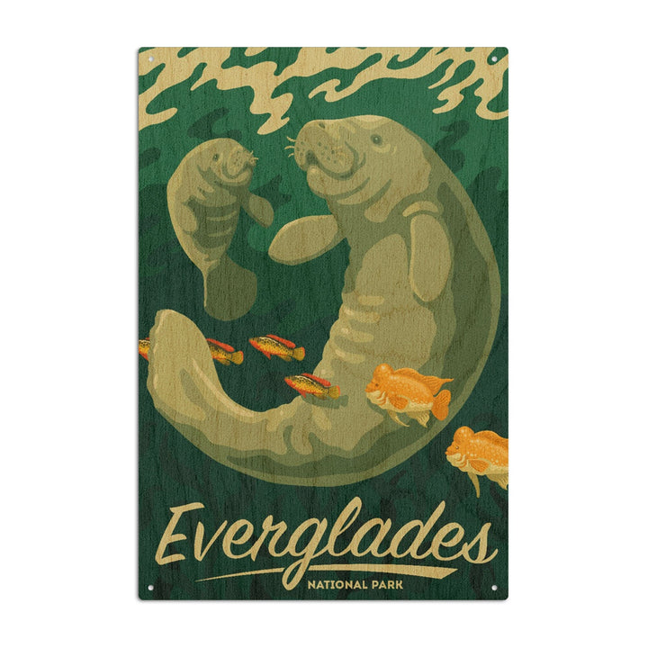 Everglades National Park, Manatee and Calf Swimming, Lantern Press Artwork, Wood Signs and Postcards - Lantern Press
