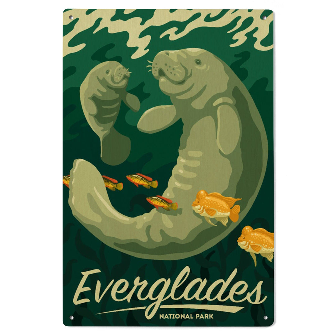 Everglades National Park, Manatee and Calf Swimming, Lantern Press Artwork, Wood Signs and Postcards - Lantern Press