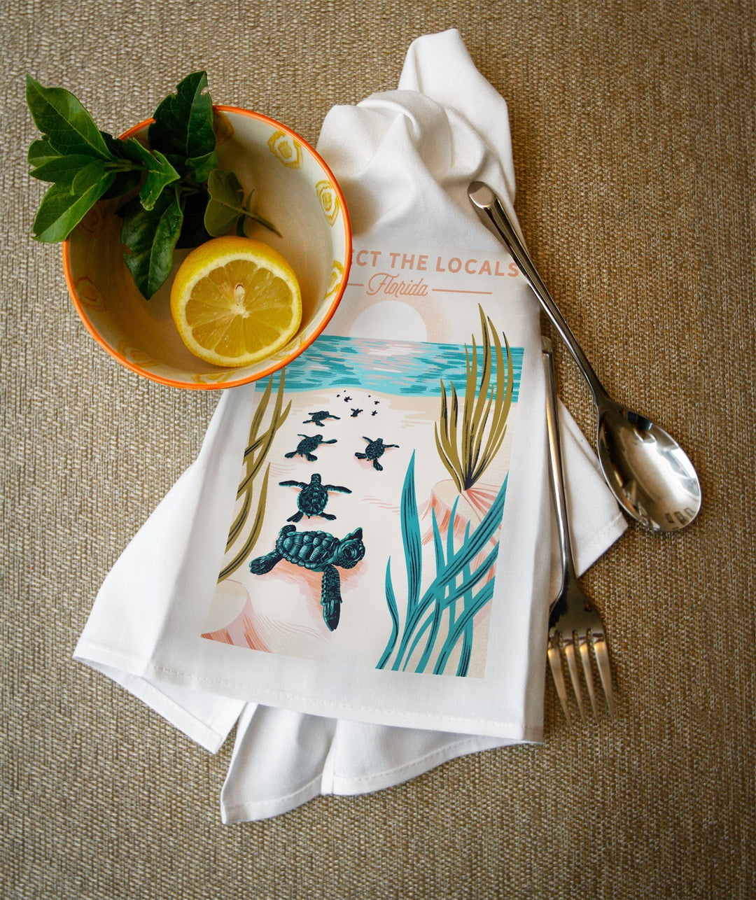 Florida, Courageous Explorer Collection, Turtle, Respect the Locals, Organic Cotton Kitchen Tea Towels - Lantern Press