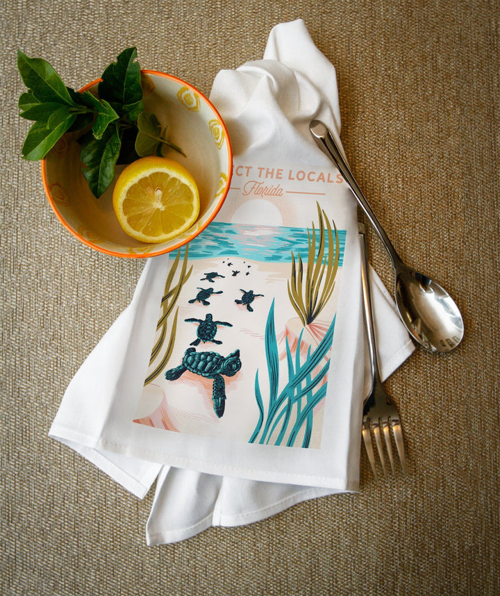 Florida, Courageous Explorer Collection, Turtle, Respect the Locals, Organic Cotton Kitchen Tea Towels - Lantern Press