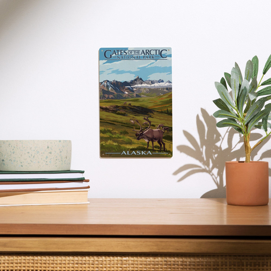 Gates of the Arctic National Park, Alaska, Caribou & Mountains, Lantern Press Artwork, Wood Signs and Postcards - Lantern Press