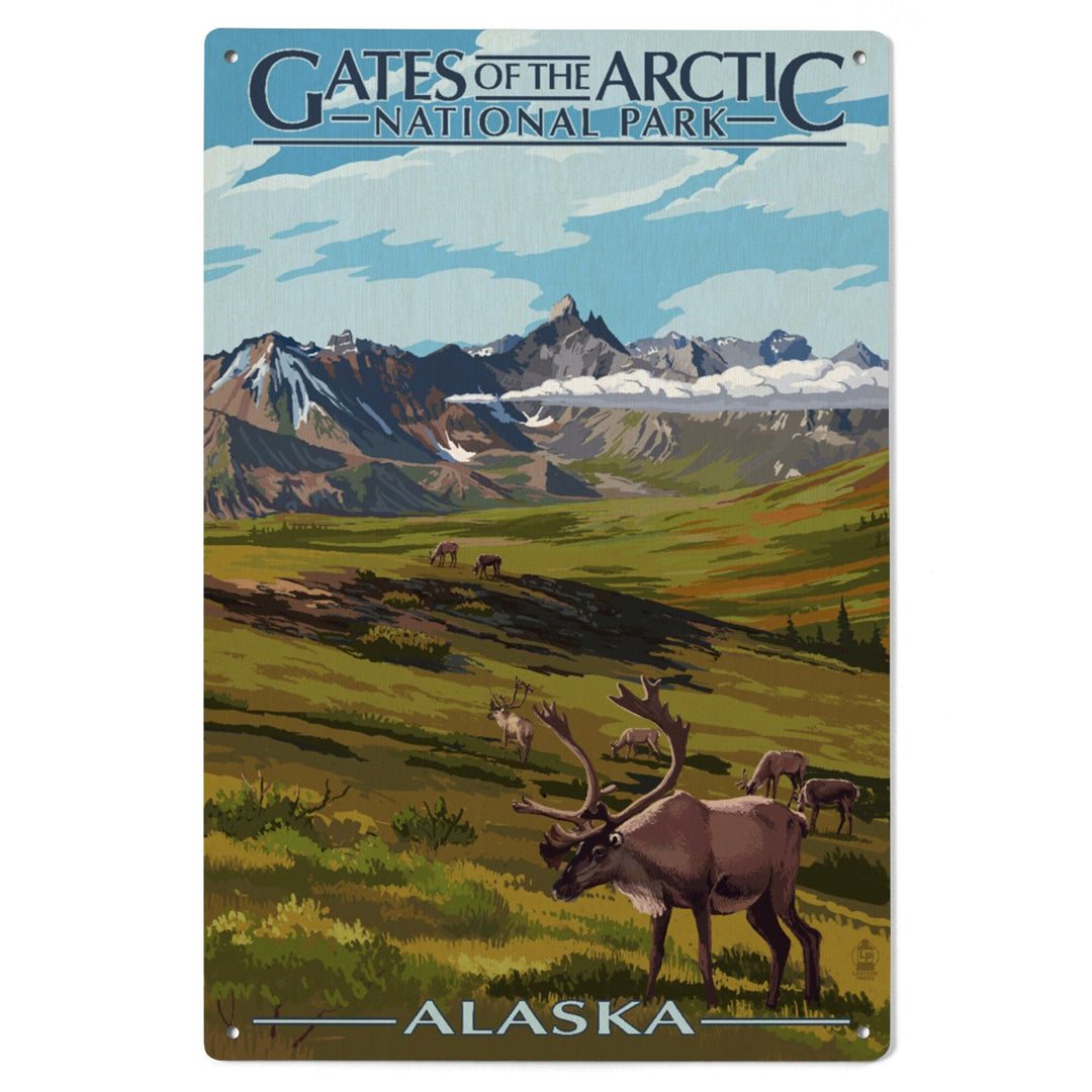 Gates of the Arctic National Park, Alaska, Caribou & Mountains, Lantern Press Artwork, Wood Signs and Postcards - Lantern Press