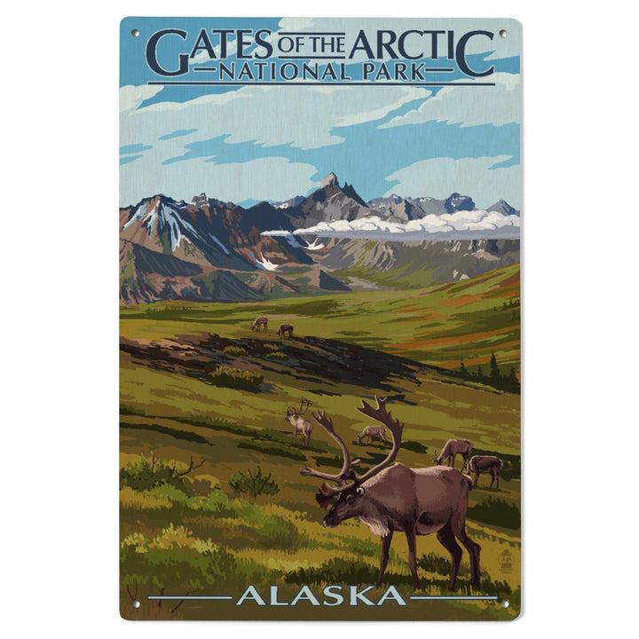 Gates of the Arctic National Park, Alaska, Caribou & Mountains, Lantern Press Artwork, Wood Signs and Postcards - Lantern Press