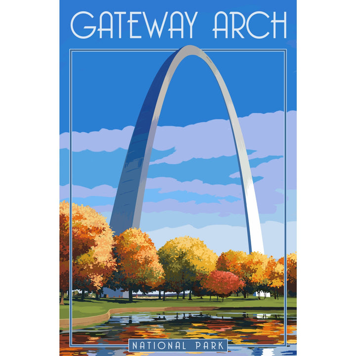 Gateway Arch National Park, Arch and Trees in Fall, Lantern Press Artwork, Stretched Canvas - Lantern Press