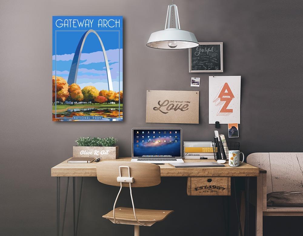 Gateway Arch National Park, Arch and Trees in Fall, Lantern Press Artwork, Stretched Canvas - Lantern Press