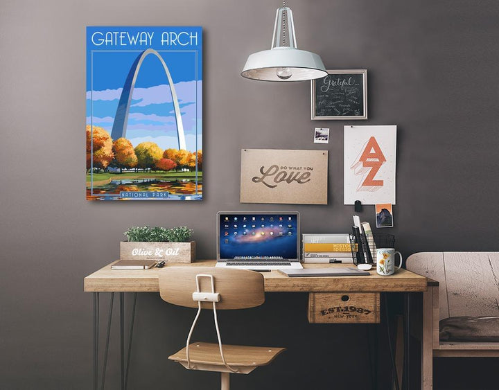 Gateway Arch National Park, Arch and Trees in Fall, Lantern Press Artwork, Stretched Canvas - Lantern Press