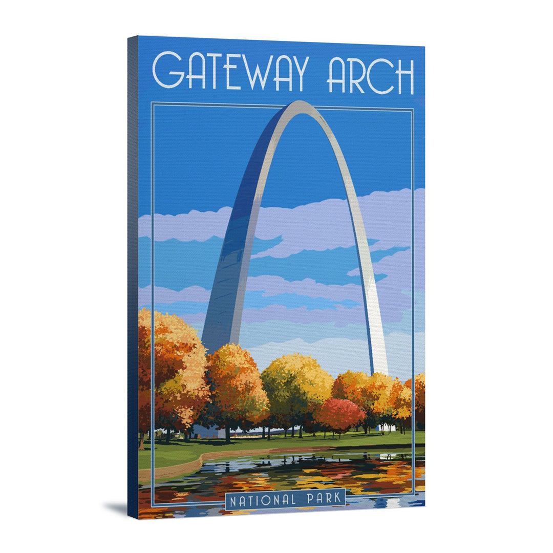 Gateway Arch National Park, Arch and Trees in Fall, Lantern Press Artwork, Stretched Canvas - Lantern Press