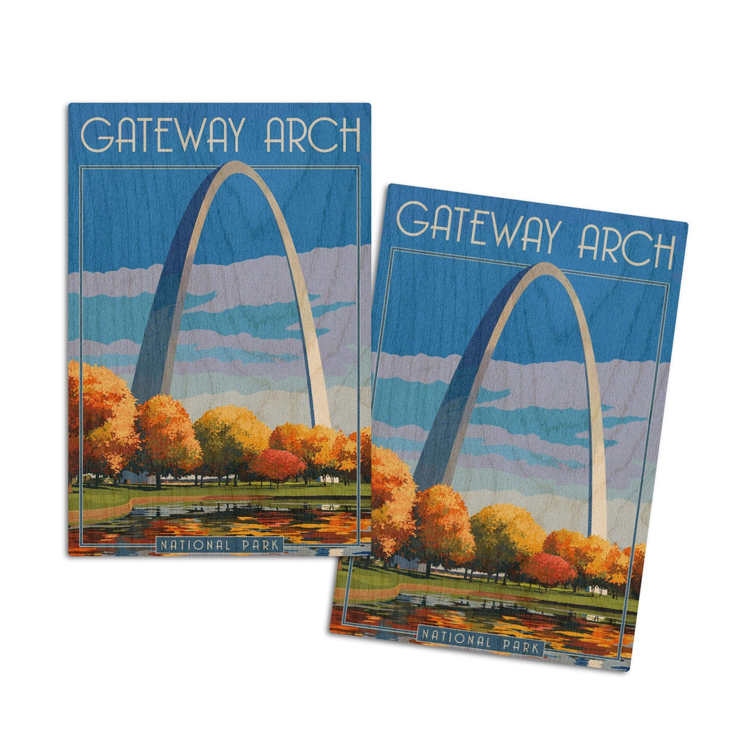 Gateway Arch National Park, Arch and Trees in Fall, Lantern Press Artwork, Wood Signs and Postcards - Lantern Press