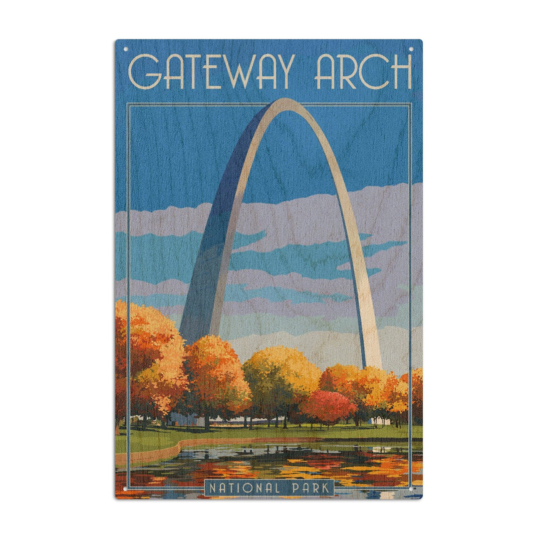 Gateway Arch National Park, Arch and Trees in Fall, Lantern Press Artwork, Wood Signs and Postcards - Lantern Press
