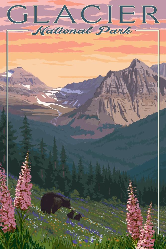Glacier National Park, Montana, Bear and Spring Flowers, Mountains, Art & Giclee Prints - Lantern Press