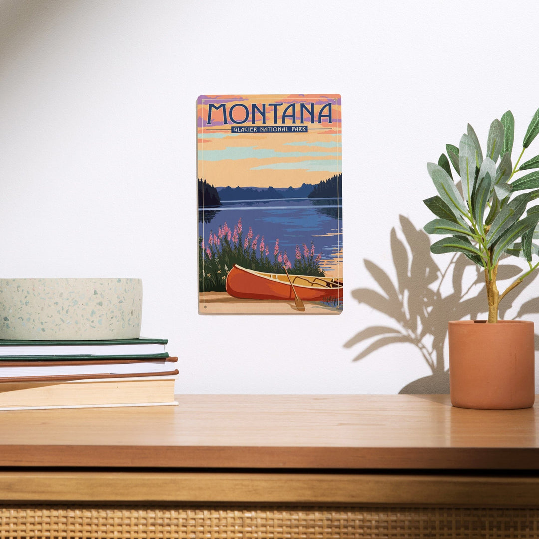 Glacier National Park, Montana, Canoe & Lake, Lantern Press Artwork, Wood Signs and Postcards - Lantern Press