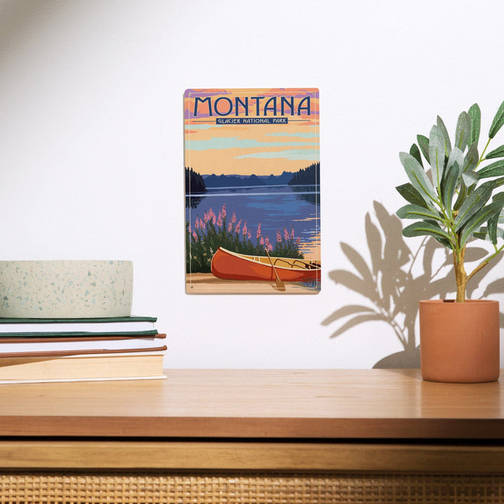 Glacier National Park, Montana, Canoe & Lake, Lantern Press Artwork, Wood Signs and Postcards - Lantern Press