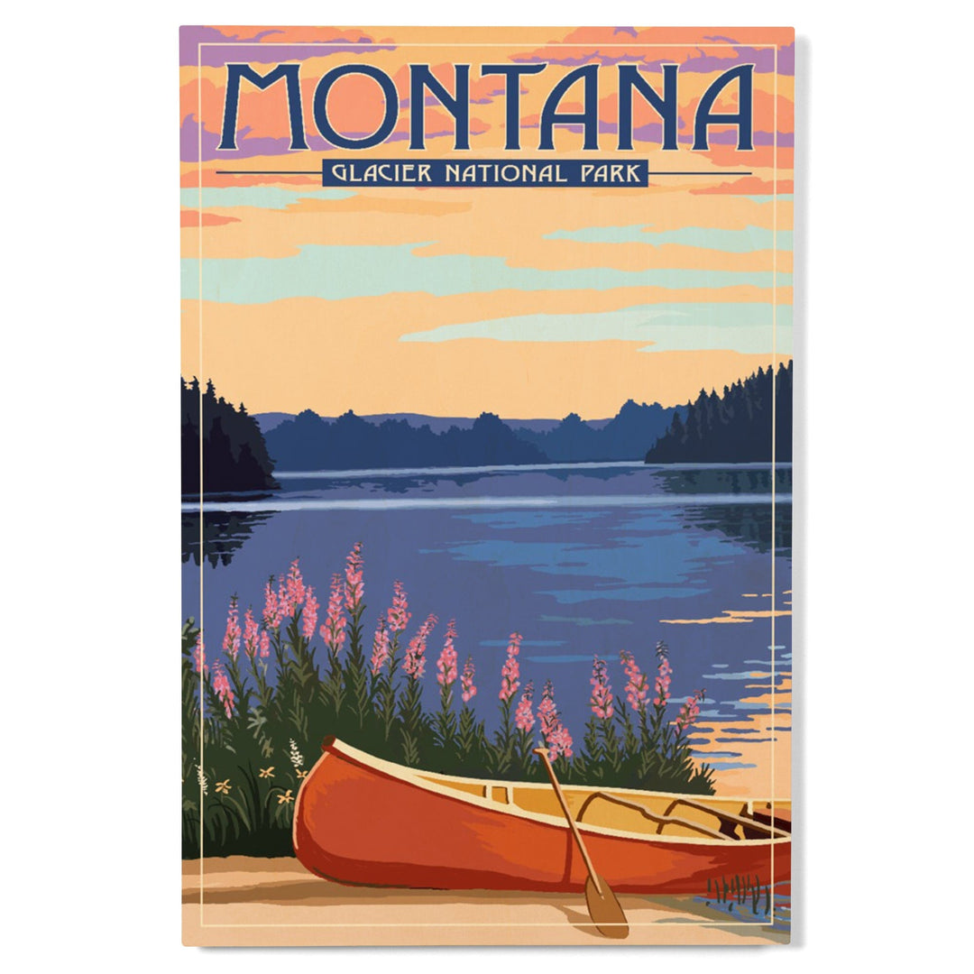 Glacier National Park, Montana, Canoe & Lake, Lantern Press Artwork, Wood Signs and Postcards - Lantern Press
