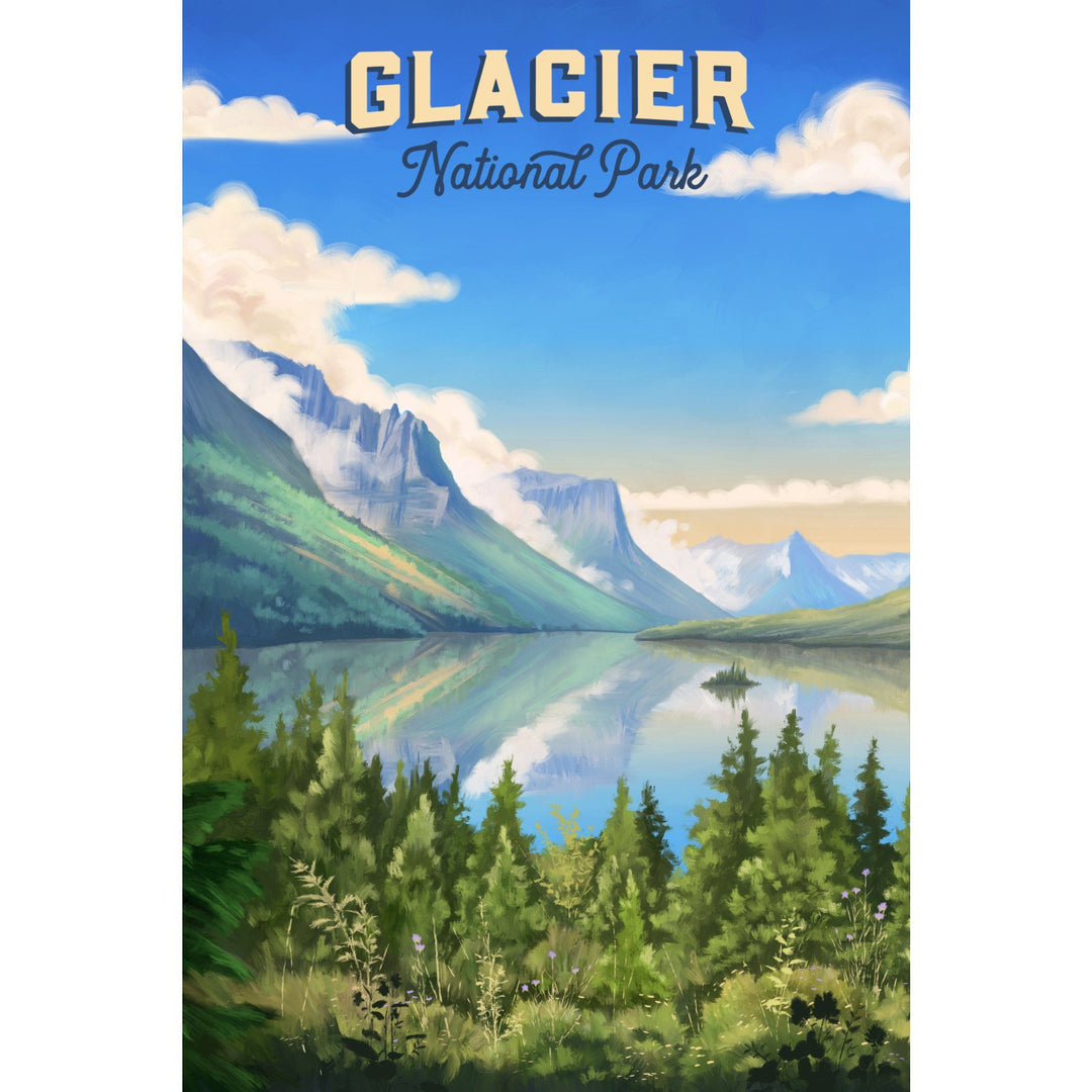 Glacier National Park, Montana, Oil Painting, Organic Cotton Kitchen Tea Towels - Lantern Press