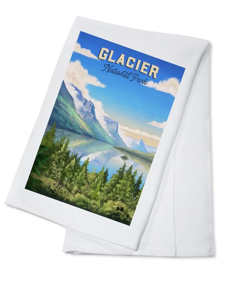 Glacier National Park, Montana, Oil Painting, Organic Cotton Kitchen Tea Towels - Lantern Press