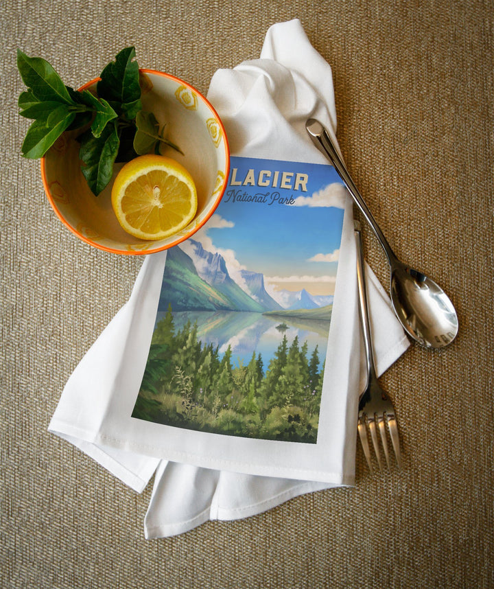 Glacier National Park, Montana, Oil Painting, Organic Cotton Kitchen Tea Towels - Lantern Press
