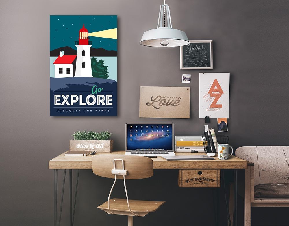 Go Explore (Lighthouse), Discover the Parks, Vector Style, Stretched Canvas - Lantern Press