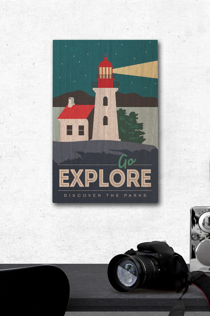 Go Explore (Lighthouse), Discover the Parks, Vector Style, Wood Signs and Postcards - Lantern Press