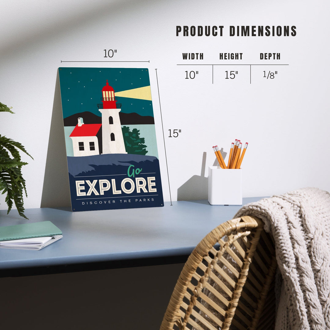 Go Explore (Lighthouse), Discover the Parks, Vector Style, Wood Signs and Postcards - Lantern Press