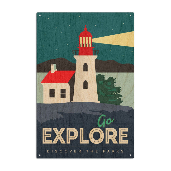 Go Explore (Lighthouse), Discover the Parks, Vector Style, Wood Signs and Postcards - Lantern Press