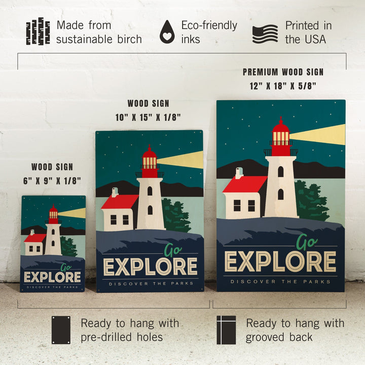 Go Explore (Lighthouse), Discover the Parks, Vector Style, Wood Signs and Postcards - Lantern Press