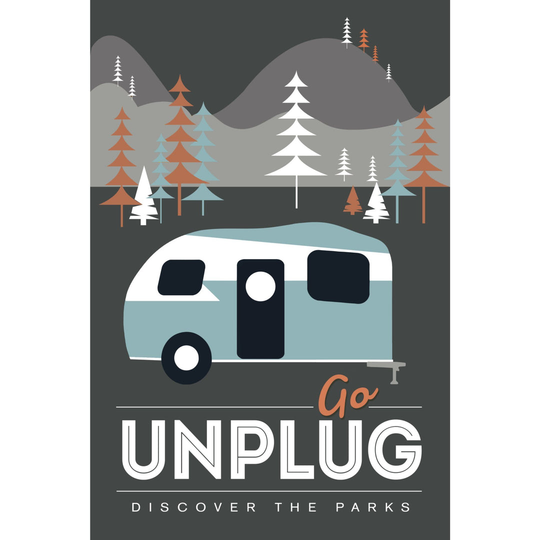 Go Unplug (Camper), Discover the Parks, Vector Style, Lantern Press Artwork, Stretched Canvas - Lantern Press