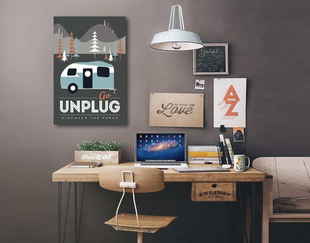 Go Unplug (Camper), Discover the Parks, Vector Style, Lantern Press Artwork, Stretched Canvas - Lantern Press
