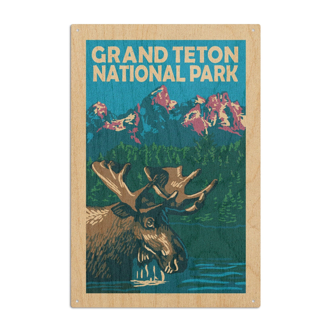 Grand Teton National Park, Moose in Lake, Woodblock, Lantern Press Artwork, Wood Signs and Postcards - Lantern Press