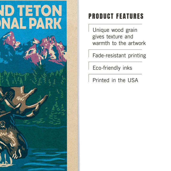 Grand Teton National Park, Moose in Lake, Woodblock, Lantern Press Artwork, Wood Signs and Postcards - Lantern Press