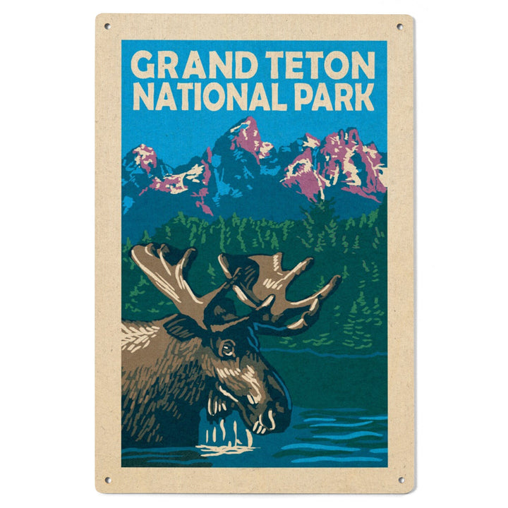 Grand Teton National Park, Moose in Lake, Woodblock, Lantern Press Artwork, Wood Signs and Postcards - Lantern Press