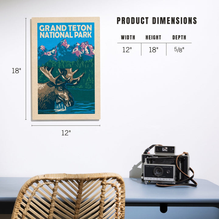 Grand Teton National Park, Moose in Lake, Woodblock, Lantern Press Artwork, Wood Signs and Postcards - Lantern Press