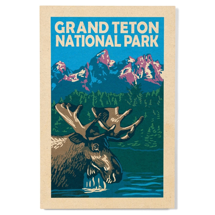 Grand Teton National Park, Moose in Lake, Woodblock, Lantern Press Artwork, Wood Signs and Postcards - Lantern Press
